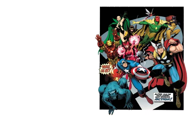 Dynamic Marvel Comics scene featuring iconic Avengers like Thor, Captain America, and Iron Man alongside Yellowjacket, Moondragon, and more, set against a bold comic-style background.