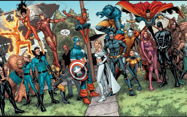 Comics New Avengers The Avengers Thing Invisible Woman Mister Fantastic Iron Man Spider-Woman Wolverine Captain America Emma Frost Cyclops Spider-Man Colossus Human Torch Doctor Strange Kitty Pryde Beast X-Men Fantastic Four Avengers Inhumans HD Wallpaper | Background Image