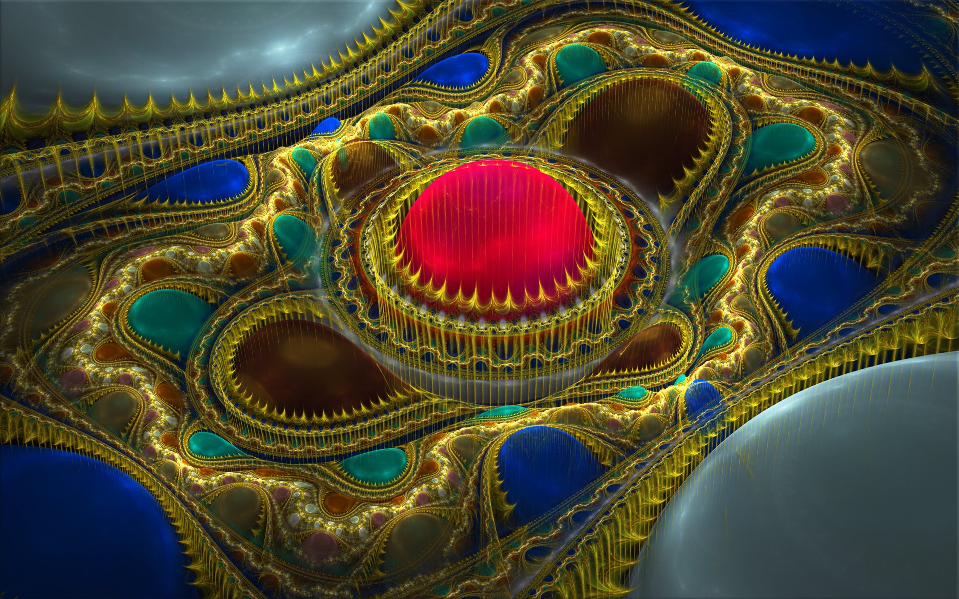 HD abstract fractal design featuring intricate golden patterns and vibrant blue and red accents, creating a dynamic, otherworldly PC desktop wallpaper.