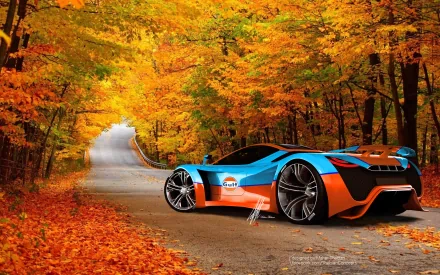 A stunning Pagani supercar stands out against a backdrop of vibrant autumn leaves, showcasing the perfect blend of automotive design and nature's beauty in this HD desktop wallpaper.