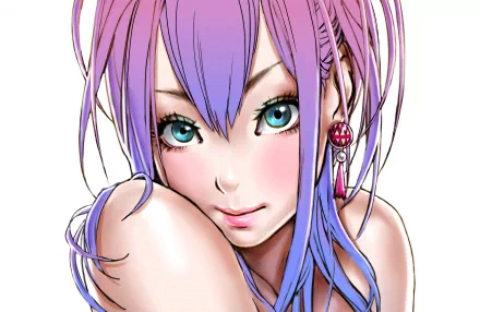 Anime-inspired HD desktop wallpaper featuring a character with vibrant purple hair and striking blue eyes, illustrated by Shunya Yamashita.