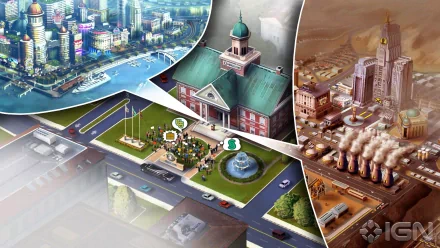 HD wallpaper featuring a vibrant collage of SimCity game graphics with various urban and industrial scenes.