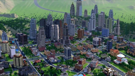 HD desktop wallpaper featuring a vibrant SimCity game landscape with detailed skyscrapers, roads, and green spaces.