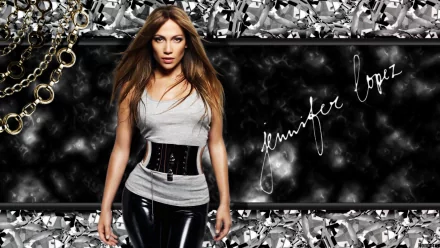 HD desktop wallpaper featuring Jennifer Lopez, showcasing her stylish look against a backdrop of sleek black and metallic textures with decorative elements.