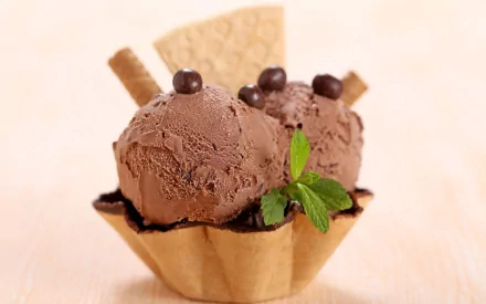 HD desktop wallpaper featuring two scoops of chocolate ice cream in a waffle cup, garnished with chocolate pearls, wafer sticks, and a fresh mint sprig.
