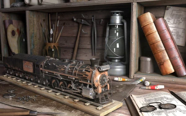 A detailed still life featuring a vintage steam engine model, surrounded by tools, a lantern, and books, creating an inviting atmosphere for an HD PC desktop wallpaper.