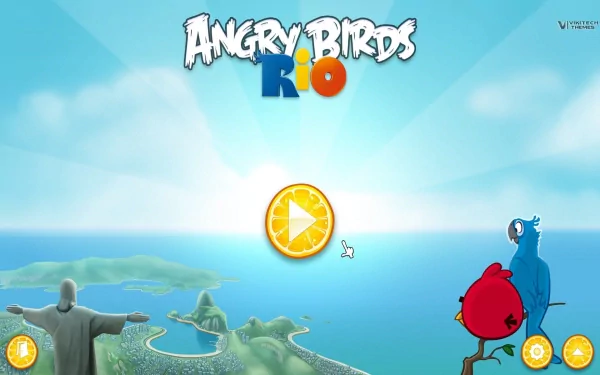Angry Birds Rio video game HD PC desktop wallpaper: red bird and blue macaw perched on a branch overlooking tropical islands and ocean, sun-shaped play button and game logo above.