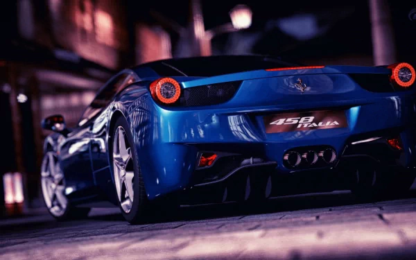 HD desktop wallpaper of a blue Ferrari 458 Italia, showcasing its sleek rear design and sporty elements under subtle street lighting.