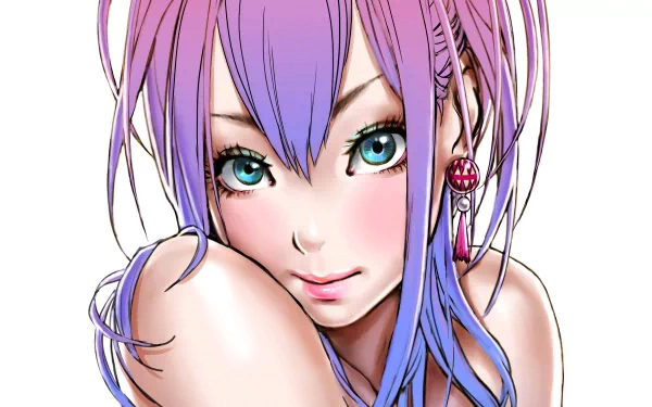 Anime-inspired HD desktop wallpaper featuring a character with vibrant purple hair and striking blue eyes, illustrated by Shunya Yamashita.