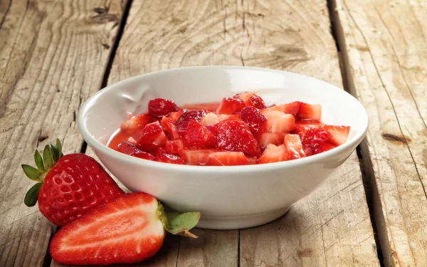 A white bowl filled with chopped strawberries on a rustic wooden surface, accompanied by whole and sliced strawberries, featured as an HD PC desktop wallpaper background.