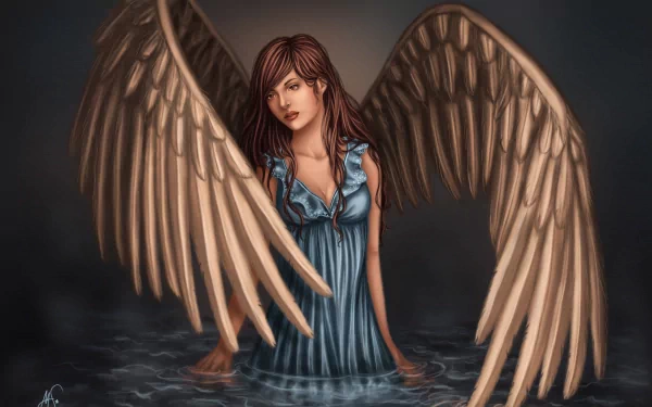 A fantasy-themed 4K Ultra HD desktop wallpaper depicting a serene angel with large wings, standing waist-deep in water against a dark, mystical background.