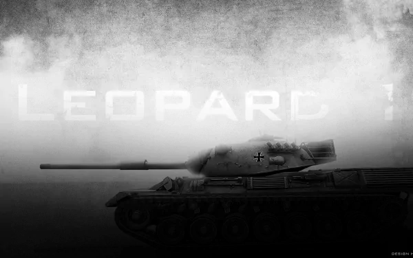 HD PC desktop wallpaper featuring a black and white image of the Leopard 1 tank from the World of Tanks video game, with a smoky, textured background.
