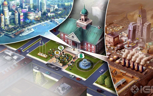 HD wallpaper featuring a vibrant collage of SimCity game graphics with various urban and industrial scenes.