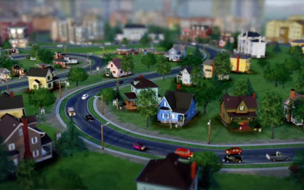 HD desktop wallpaper of a SimCity game scene with detailed residential neighborhoods and curved roads.