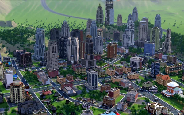HD desktop wallpaper featuring a vibrant SimCity game landscape with detailed skyscrapers, roads, and green spaces.