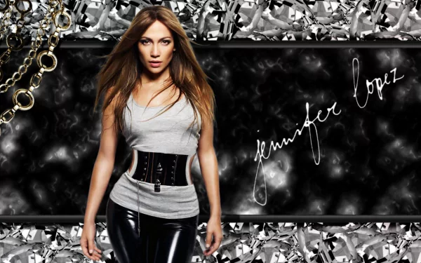 HD desktop wallpaper featuring Jennifer Lopez, showcasing her stylish look against a backdrop of sleek black and metallic textures with decorative elements.