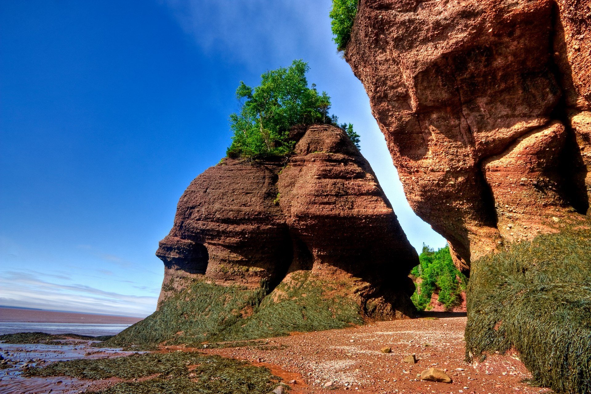 HD PC desktop wallpaper showcasing a stunning natural cliff formation with vibrant greenery under a clear blue sky.