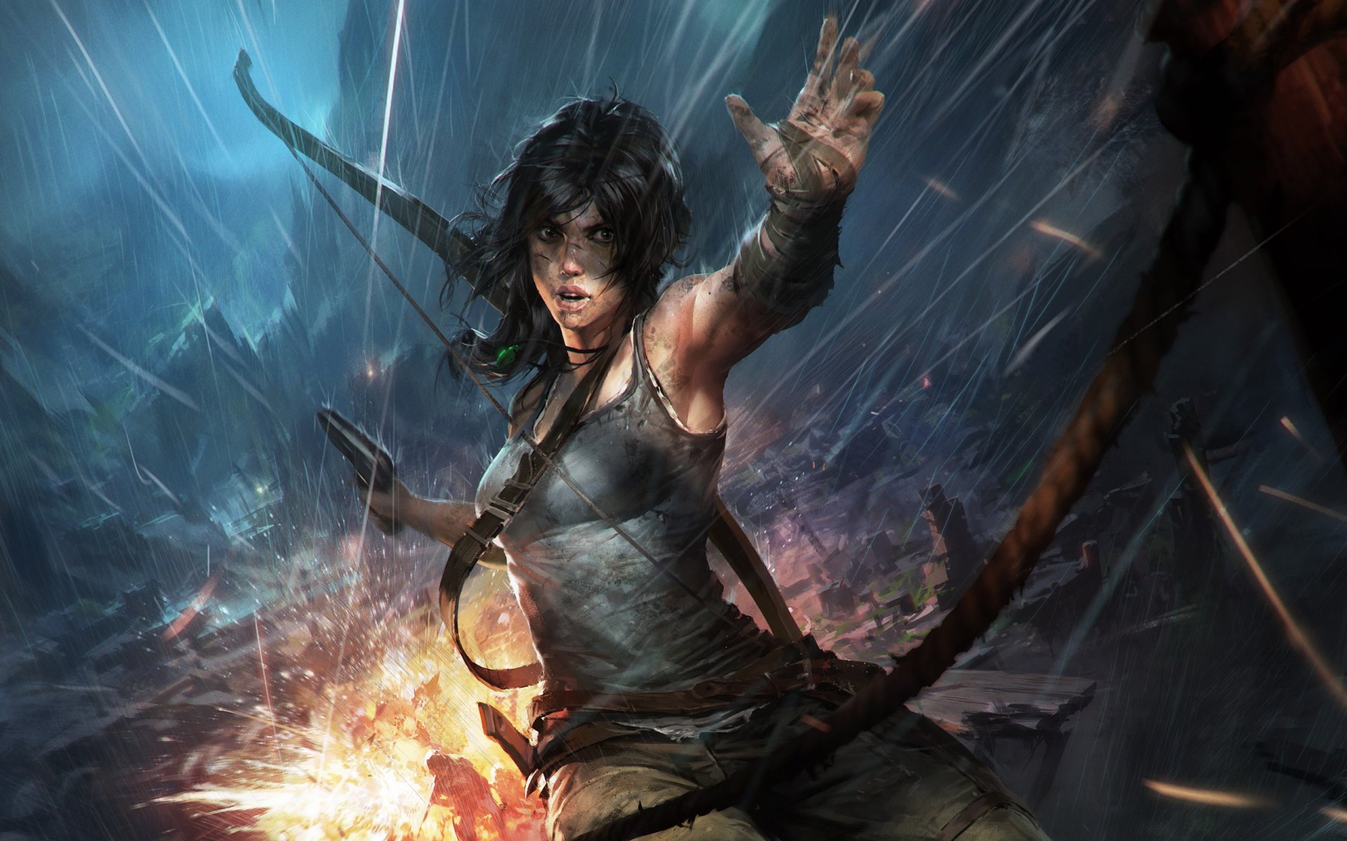 A dynamic HD desktop wallpaper featuring the adventurous character from the video game Tomb Raider, engaging in a dramatic action scene amidst an explosive backdrop.