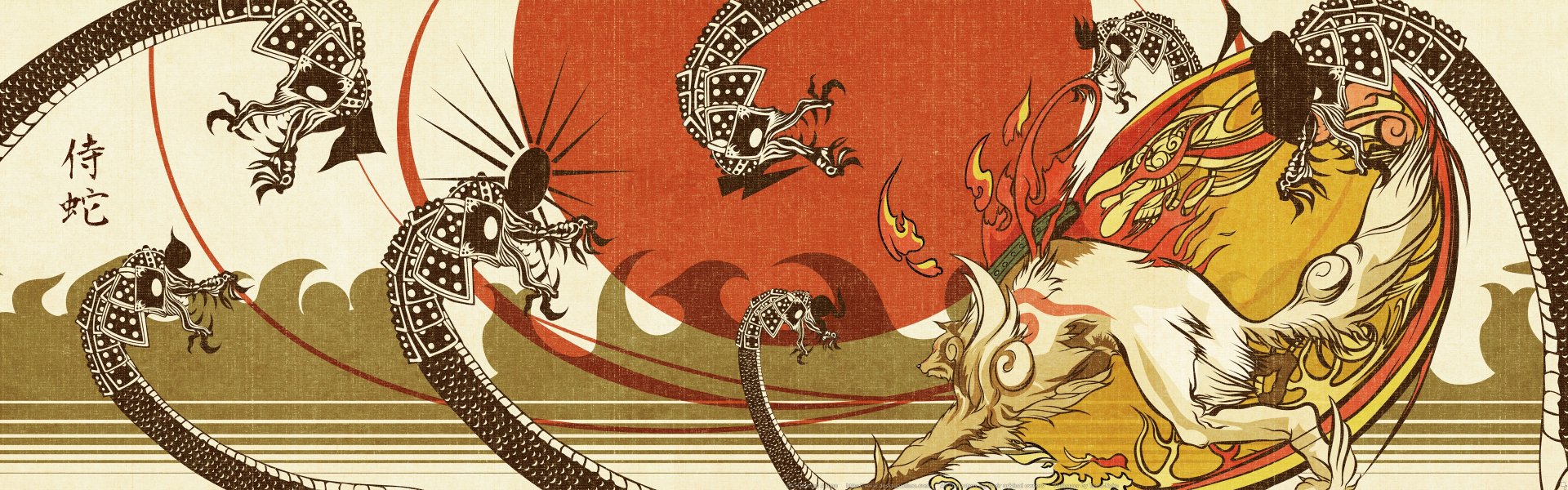 HD PC desktop wallpaper background of Ōkami video game art: stylized white wolf with flaming markings battling decorative serpents against a red rising-sun backdrop.