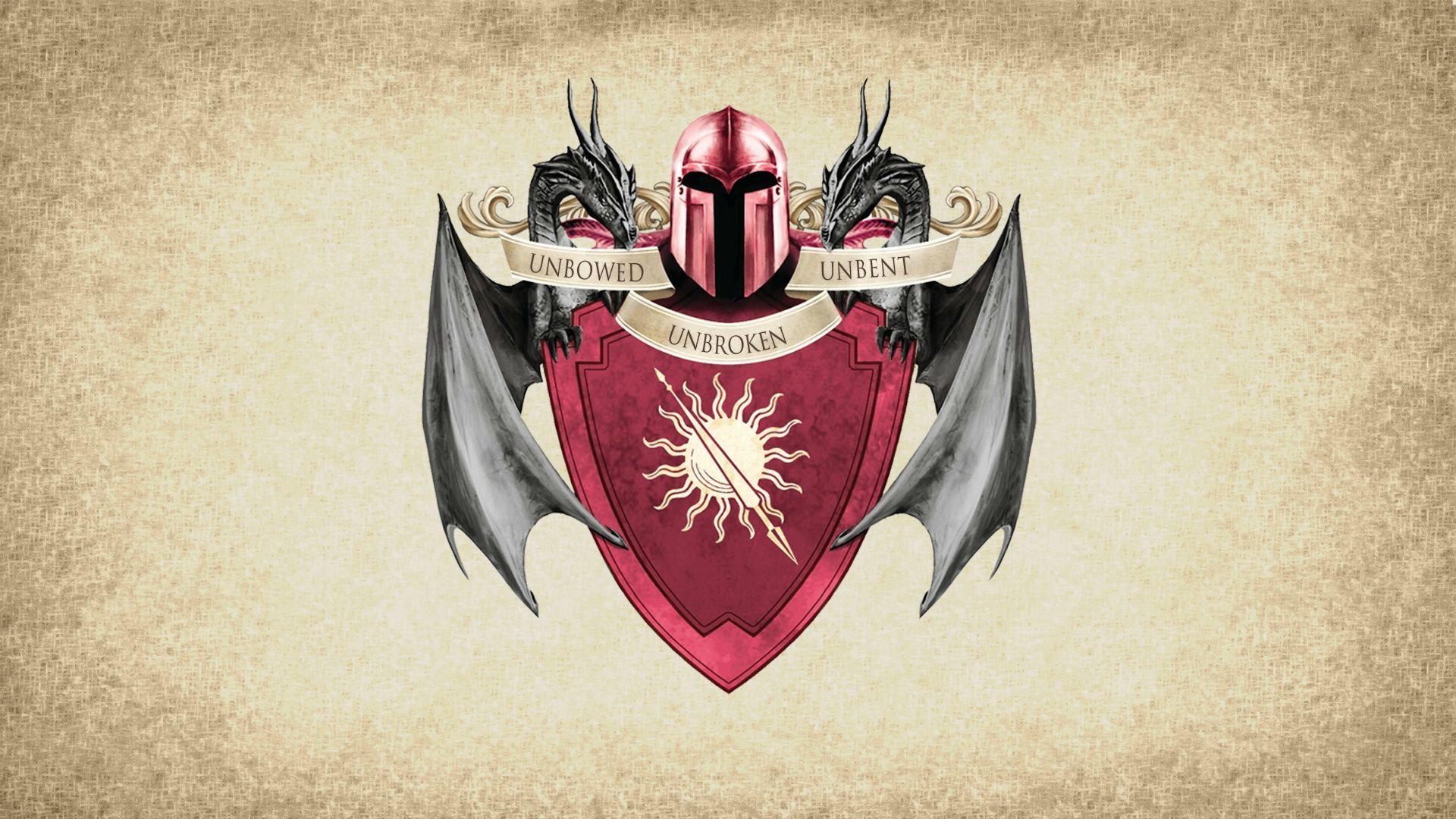 A striking HD wallpaper featuring a shield emblazoned with a sun and flanked by dragons, inspired by the themes and imagery of Game of Thrones.