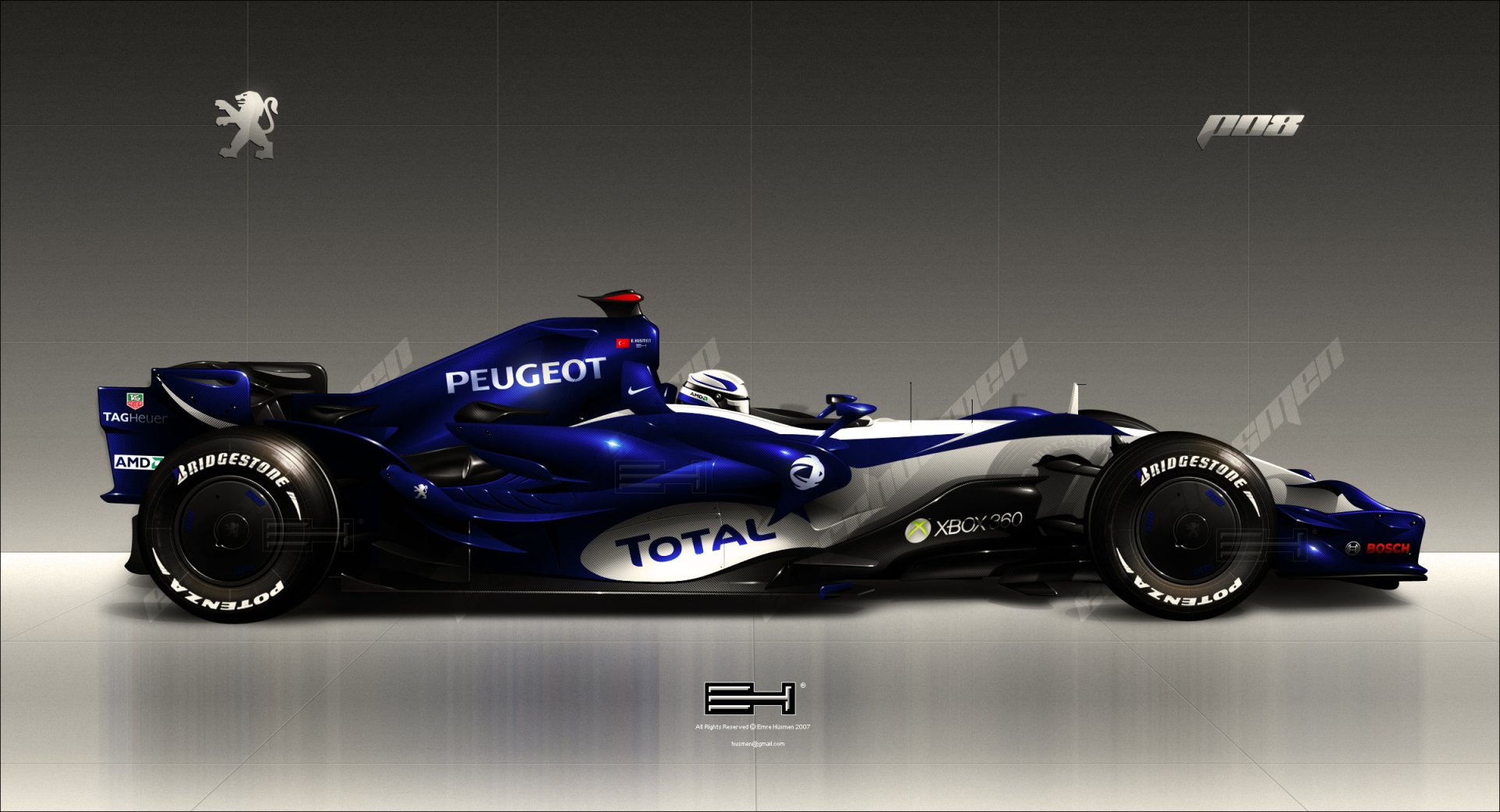 HD PC desktop wallpaper featuring a sleek Peugeot P08 F1 vehicle in dark blue and white with detailed branding and racing tires.