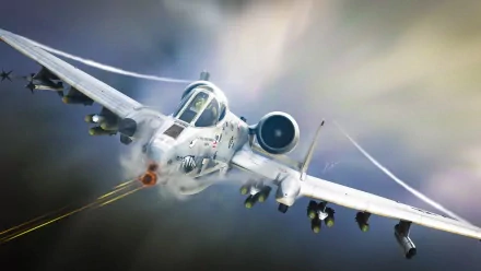 A dynamic HD image of a Fairchild Republic A-10 Thunderbolt II in flight, showcasing its impressive design and military capabilities against a dramatic background.