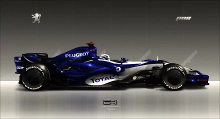 HD PC desktop wallpaper featuring a sleek Peugeot P08 F1 vehicle in dark blue and white with detailed branding and racing tires.