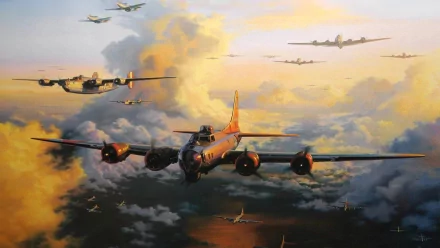 A dramatic HD wallpaper featuring a Boeing B-17 Flying Fortress soaring through clouds, surrounded by aircraft of the air force, capturing a moment of military aviation history.