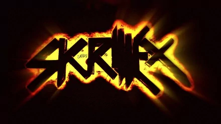 A vibrant HD desktop wallpaper featuring the bold, stylized logo of Skrillex, surrounded by dynamic orange and yellow lighting effects.