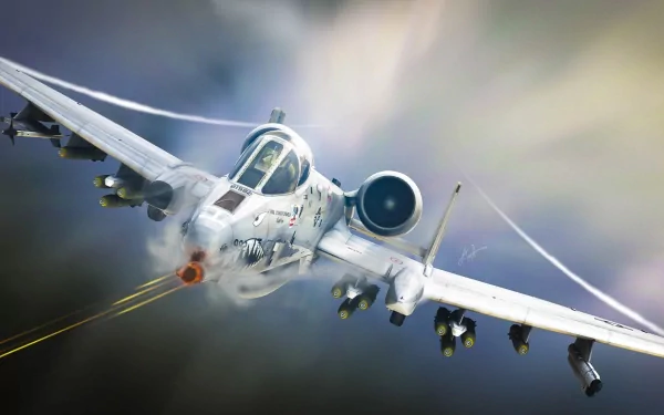 A dynamic HD image of a Fairchild Republic A-10 Thunderbolt II in flight, showcasing its impressive design and military capabilities against a dramatic background.