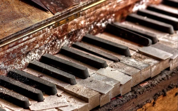 Close-up of weathered piano keys, showcasing intricate details and textures. This HD image serves as an engaging desktop wallpaper for music enthusiasts.