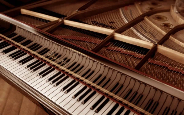 Close-up view of a beautiful piano along with its intricate interior, showcasing the keys and strings. This HD image serves as an elegant music-themed desktop wallpaper.