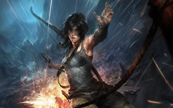 A dynamic HD desktop wallpaper featuring the adventurous character from the video game Tomb Raider, engaging in a dramatic action scene amidst an explosive backdrop.