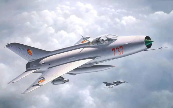 4K Ultra HD military wallpaper featuring a Mikoyan-Gurevich MiG-21 fighter jet soaring through a cloudy sky with two additional jets in the background.