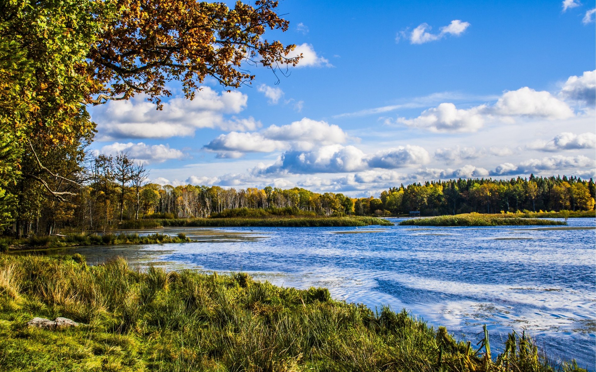HD PC desktop wallpaper featuring a serene landscape with a river, lush green grass, trees, and a partly cloudy blue sky in a nature setting.