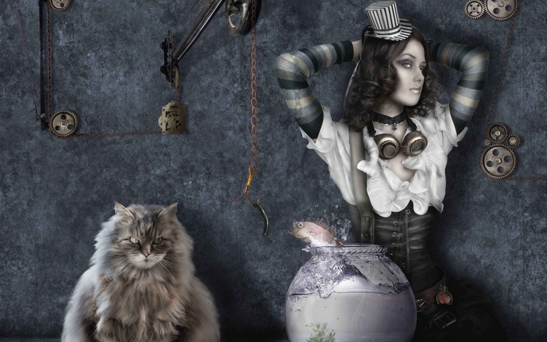 A fantasy-themed HD wallpaper features a woman with a unique style, wearing a top hat and gas mask, sitting beside a cat and a fishbowl in a surreal, industrial setting.