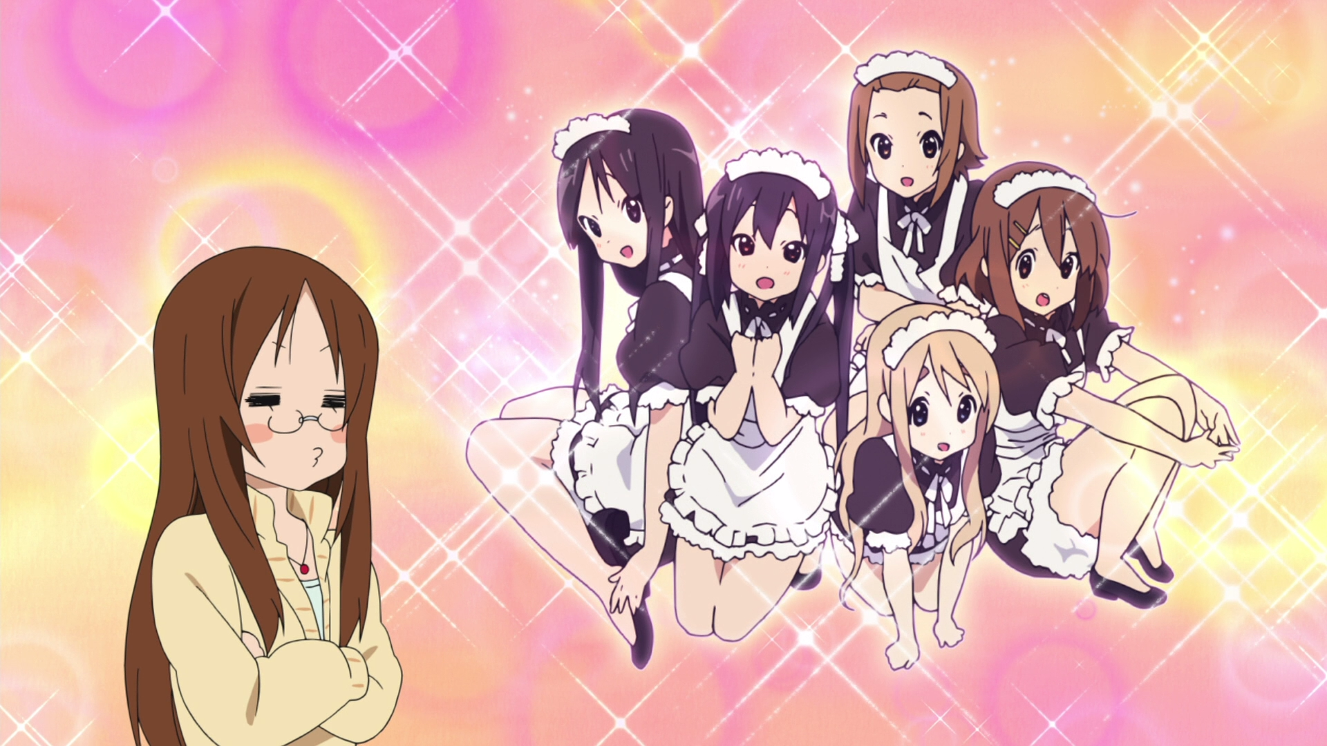 HD PC desktop wallpaper featuring anime characters from K-ON! dressed in maid outfits with a sparkling pink background.