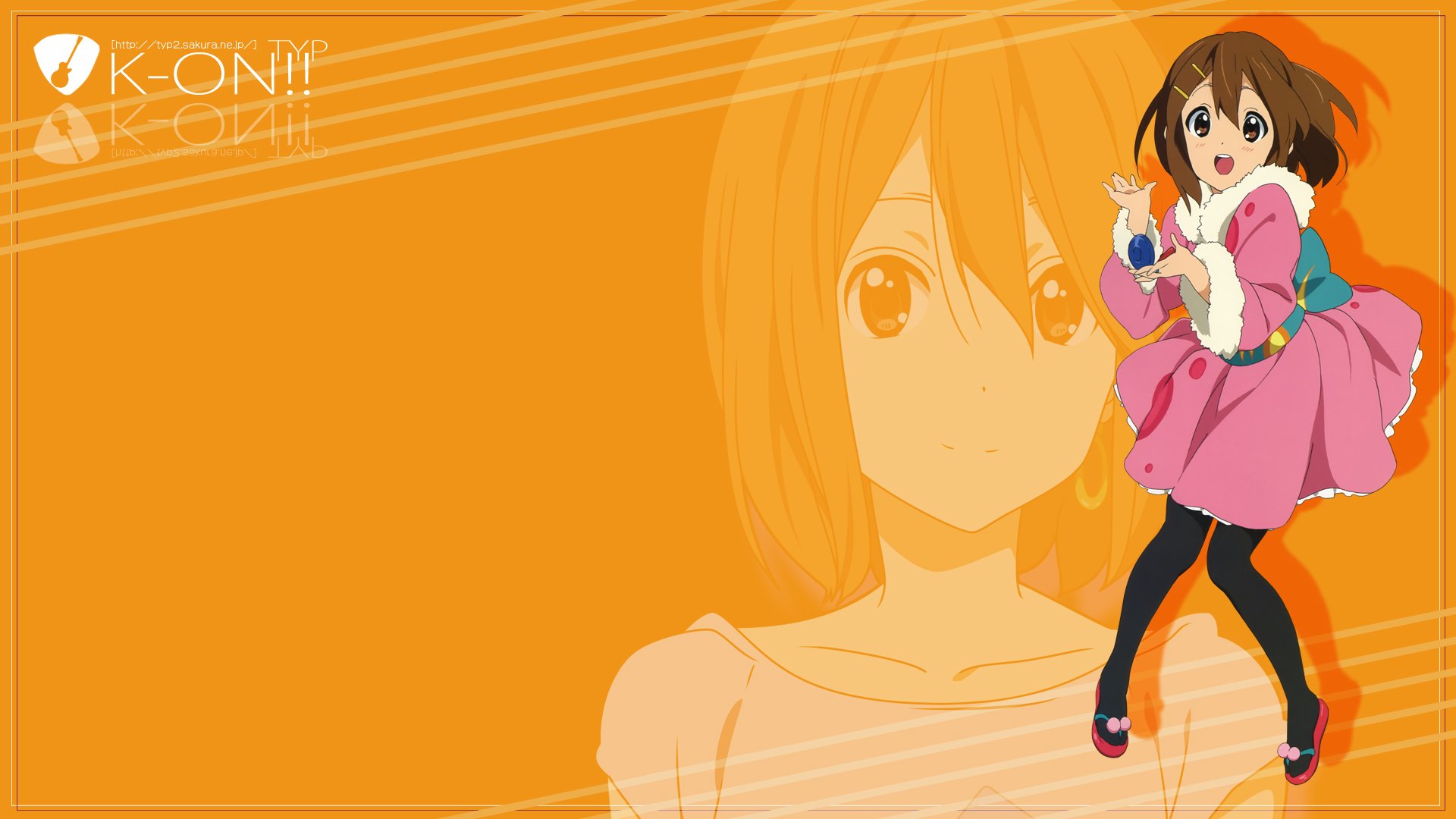 HD PC desktop wallpaper featuring an anime character from K-ON! with an orange background and stylized text elements.