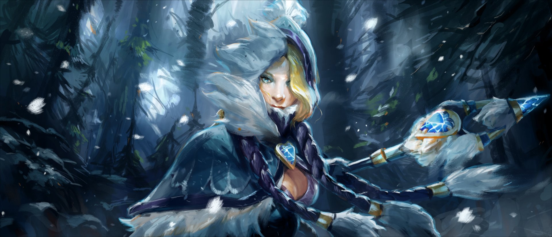 A captivating HD wallpaper featuring a character from DotA 2, set against a mystical forest backdrop with snowflakes, showcasing vibrant colors and detailed artwork.