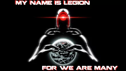HD PC desktop wallpaper and background of Legion (Mass Effect): dark synthetic figure with glowing red visor cradling a holographic globe, captioned My Name Is Legion — For We Are Many