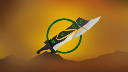 HD PC desktop wallpaper of Riven from the League of Legends video game: her rune-etched broken blade with a green emblem floating against a glowing orange desert horizon.