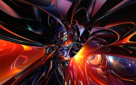 A vibrant, artistic 3D digital artwork featuring swirling abstract forms in red, black, and blue hues, designed as an HD PC desktop wallpaper and background.