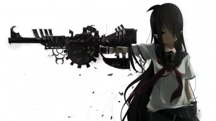 A dramatic anime-style illustration features a character with long hair aiming a stylized gun, set against a minimalist white background. This HD wallpaper showcases original artwork.