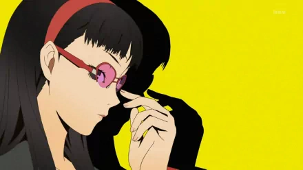 HD PC desktop wallpaper of Yukiko Amagi from the video game Persona 4, featuring her adjusting red glasses against a vibrant yellow background.