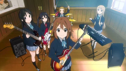 A vibrant HD wallpaper featuring the characters Azusa Nakano, Tsumugi Kotobuki, Ritsu Tainaka, Yui Hirasawa, and Mio Akiyama from the anime K-ON! in a music practice setting.