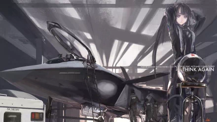 A striking HD anime wallpaper featuring a character beside a sleek aircraft in a dimly lit hangar, showcasing detailed art inspired by Pixiv Fantasia.