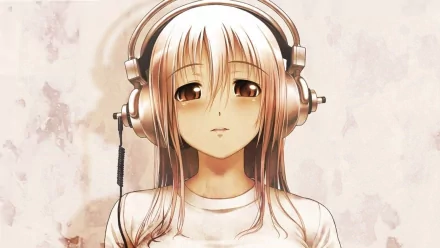 Anime-style HD desktop wallpaper featuring Super Sonico, a character with long hair and large headphones, exuding a calm and serene expression against a soft background.