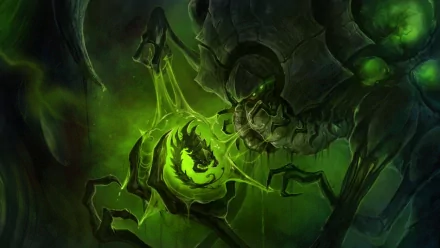 HD PC desktop wallpaper featuring dark, eerie art from the video game StarCraft II: Heart of the Swarm with a glowing green, alien-like creature and skull motif.