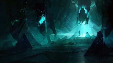 An HD desktop wallpaper depicting a mysterious, dark cavern illuminated by glowing blue elements, inspired by the video game StarCraft II: Heart of the Swarm.