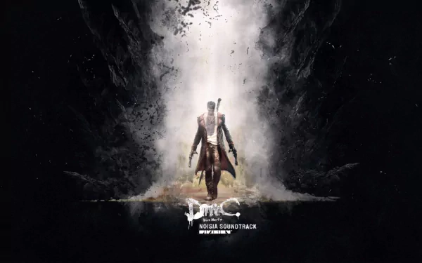 HD PC desktop wallpaper featuring a striking scene from the video game DmC: Devil May Cry, showcasing the protagonist emerging from a dark, crumbling environment.